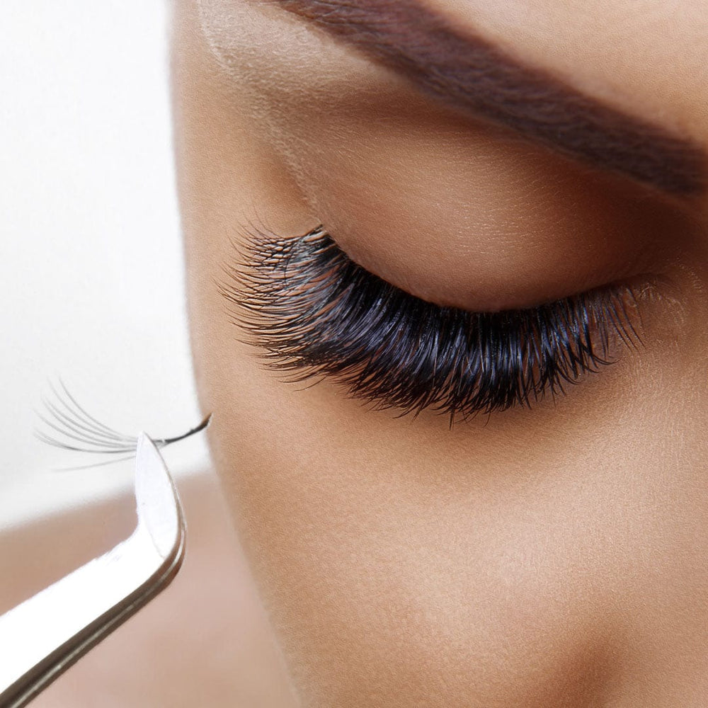 pre-made volume lash applied to natural eyelashes